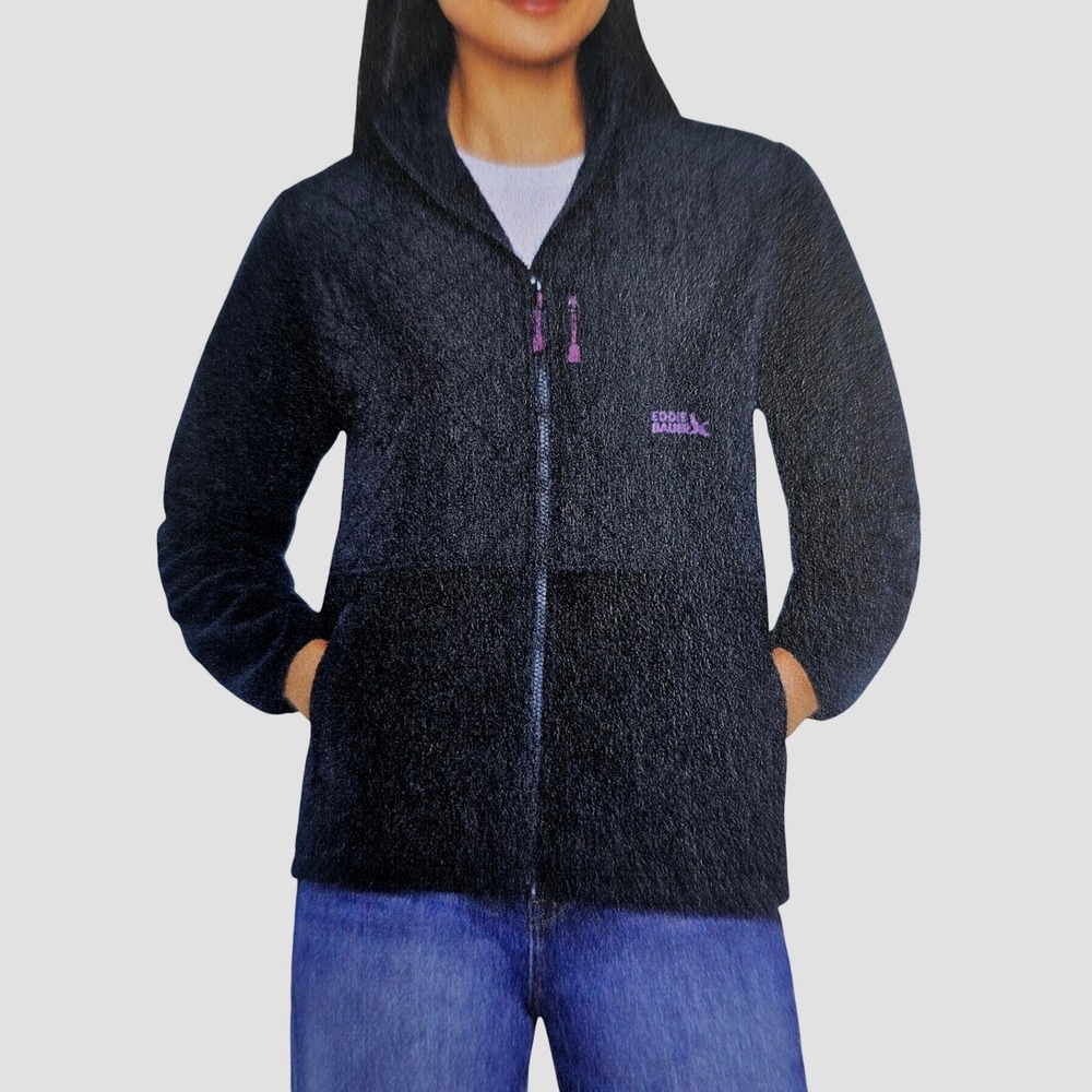 Eddie Bauer Mixed Media Fleece Jacket Women M Black Quilted Full Zip Hiking Gorp